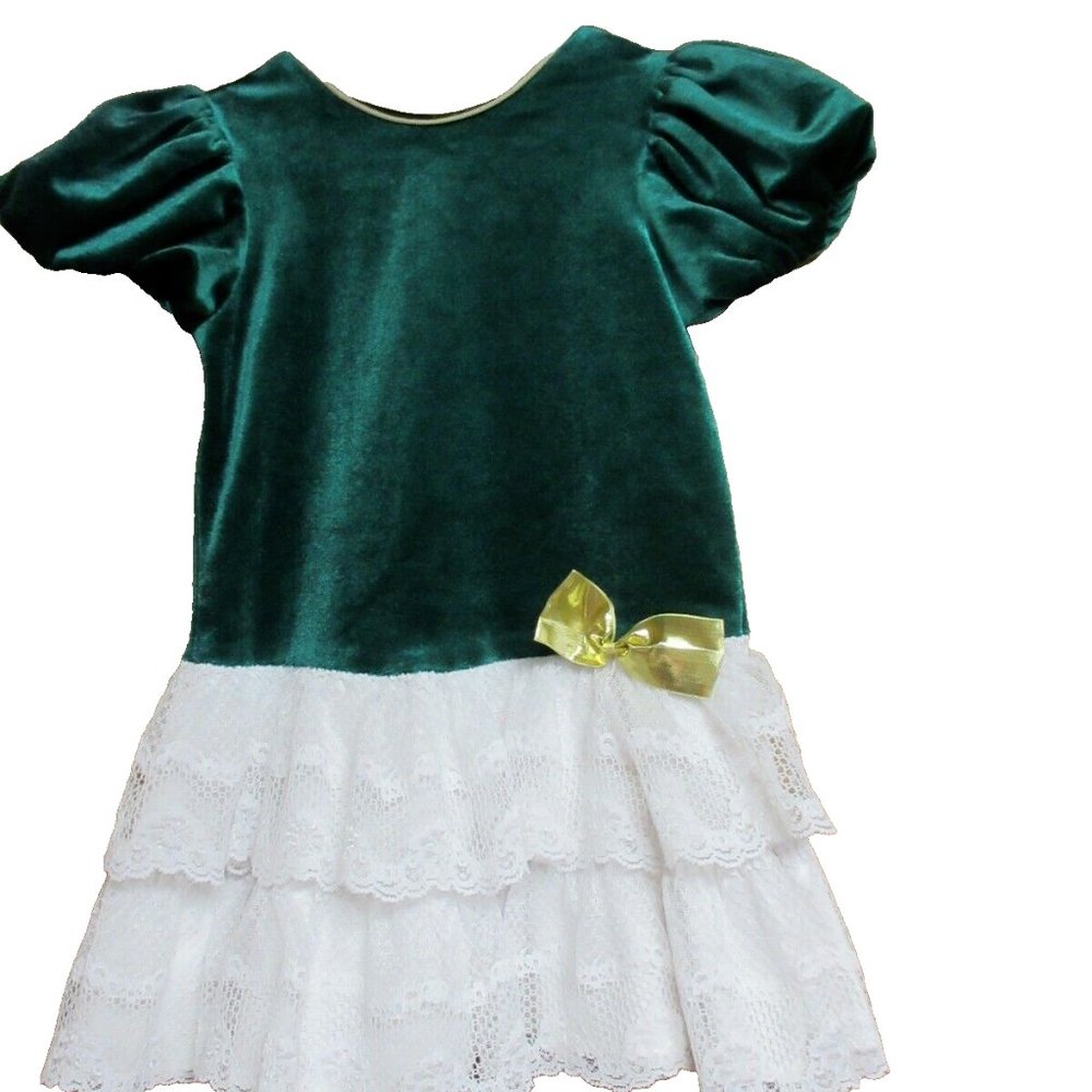 Girls Xmas Green Velour W/Lace Gold Bow S/S Baloon Dress Sz 5 GUC